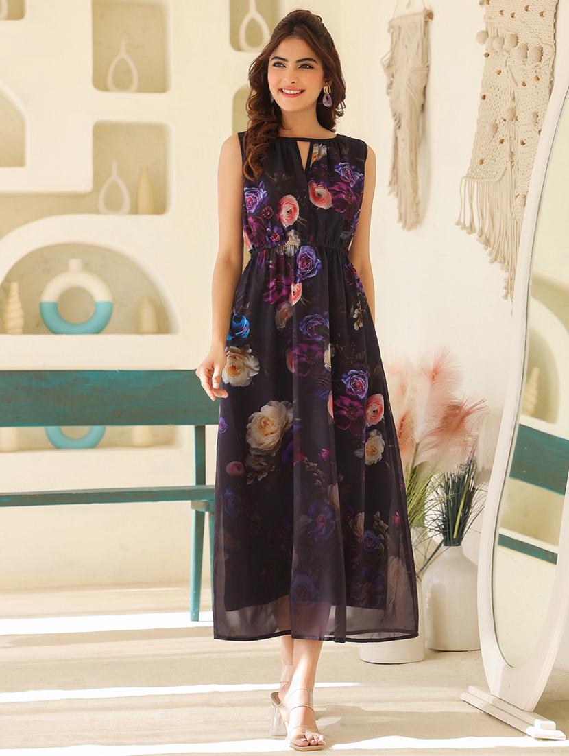 women floral print sleeveless a-line dress with pocket