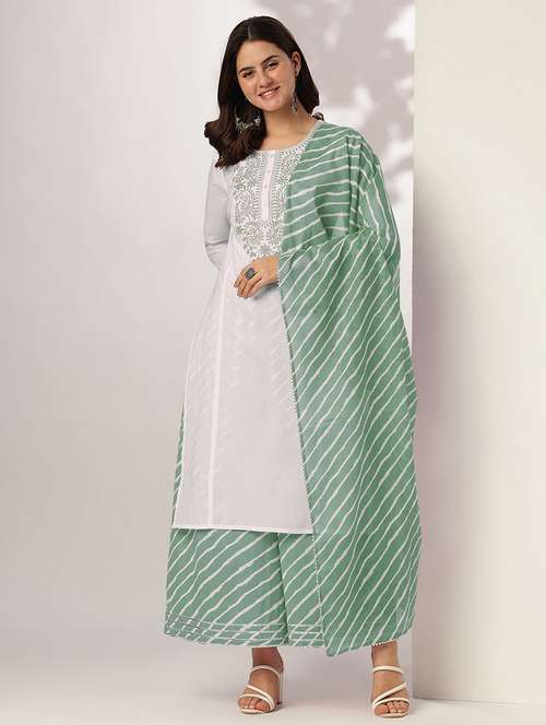 women three quarter sleeve kurta palazzo with dupatta set - 21939369 -  Standard Image - 0
