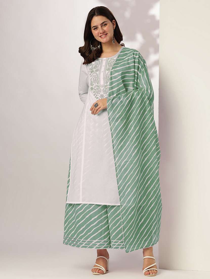 women three quarter sleeve kurta palazzo with dupatta set