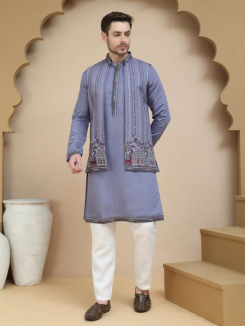 men mandarin neck kurta pyjama with jacket ethnic wear set - 21939514 -  Standard Image - 0