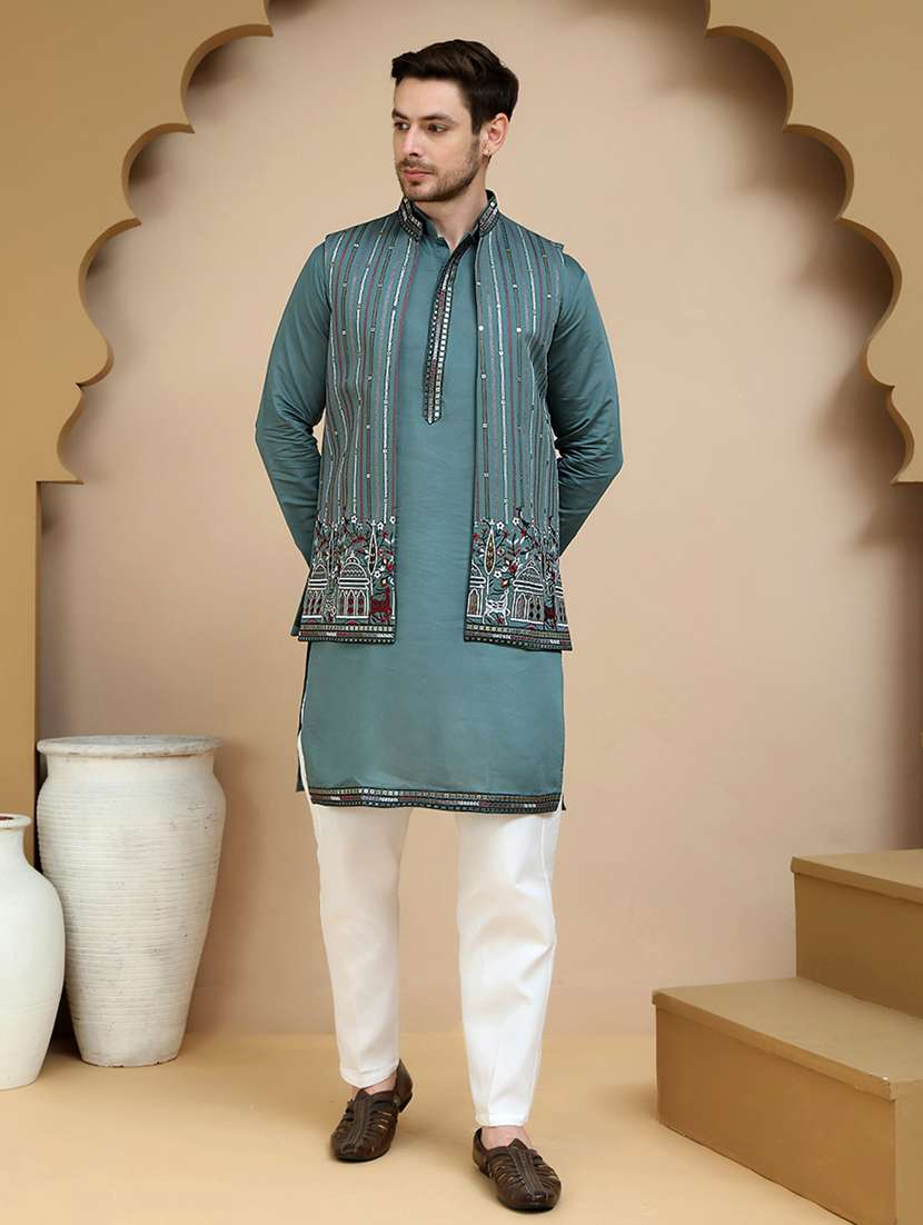 men mandarin neck kurta pyjama with jacket ethnic wear set - 21939515 - Zoom Image - 0