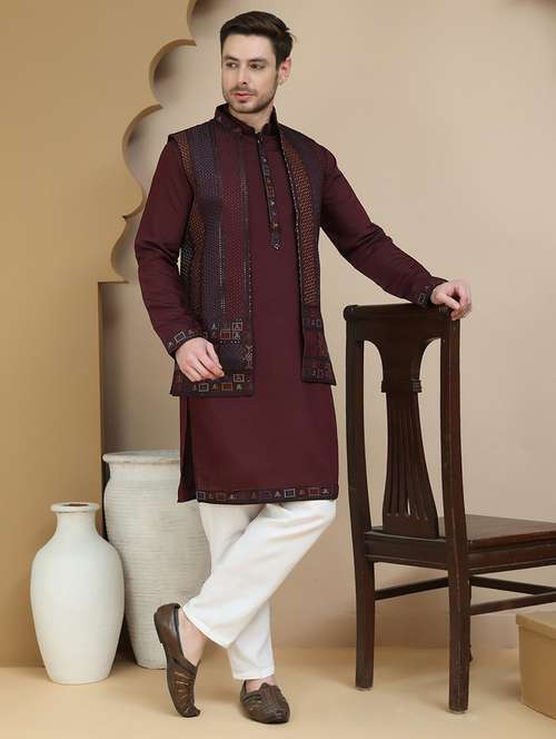 men mandarin neck kurta pyjama with jacket ethnic wear set - 21939516 -  Standard Image - 0