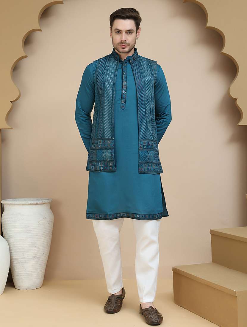 men mandarin neck kurta pyjama with jacket ethnic wear set