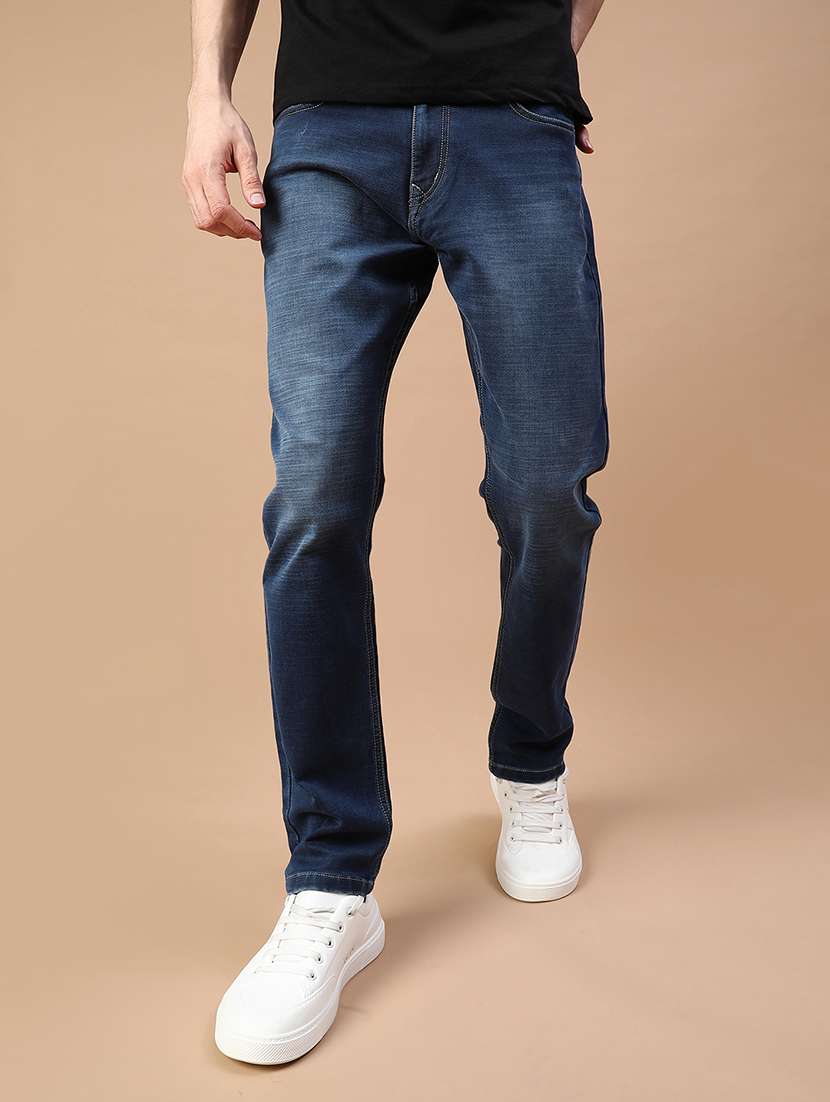 men washed mid rise full length jean