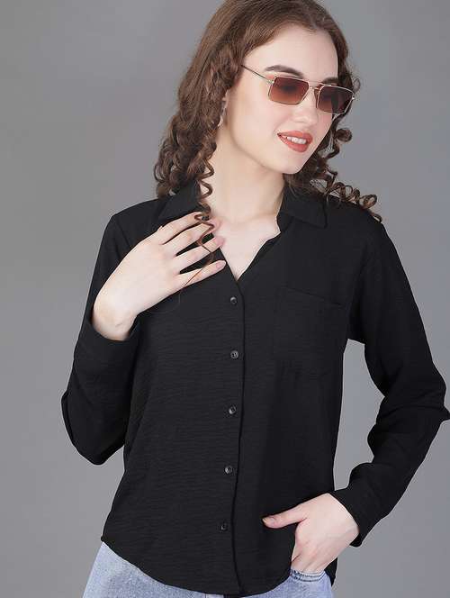 women solid collared long sleeve shirt - 21939761 -  Standard Image - 0