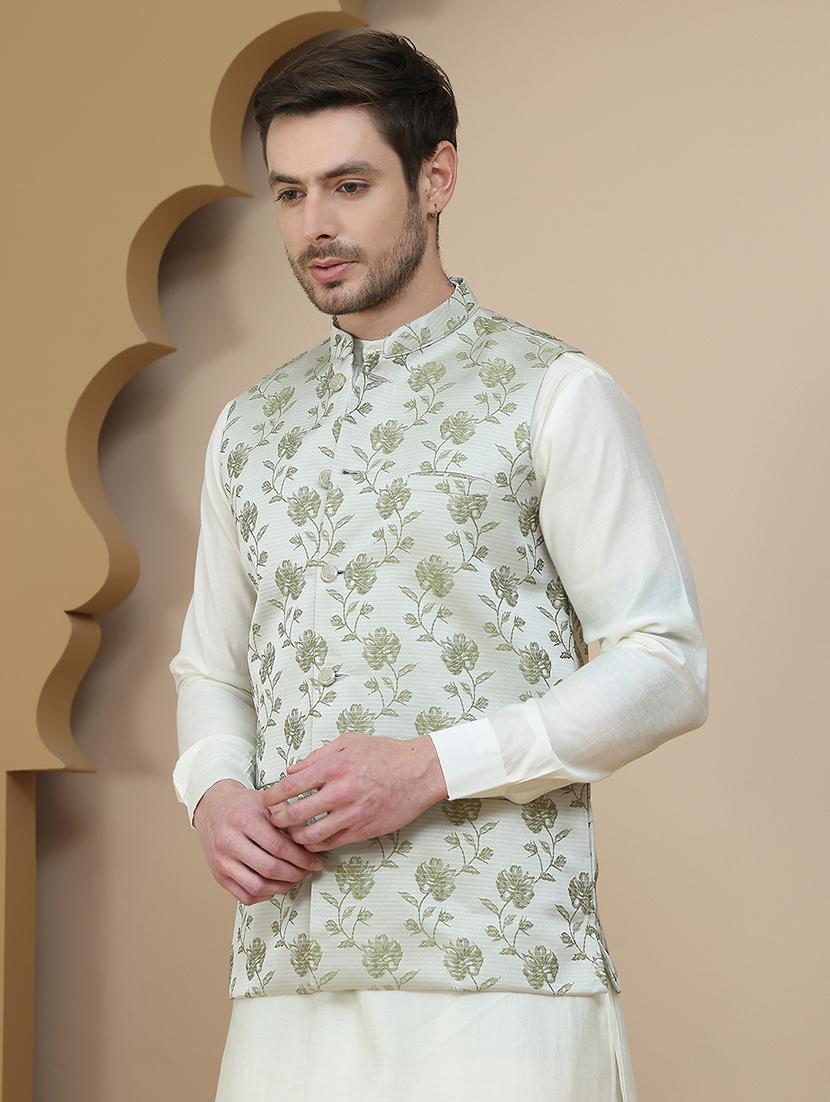 men mandarin neck kurta pyjama with jacket ethnic wear set - 21940187 - Standard Image - 5