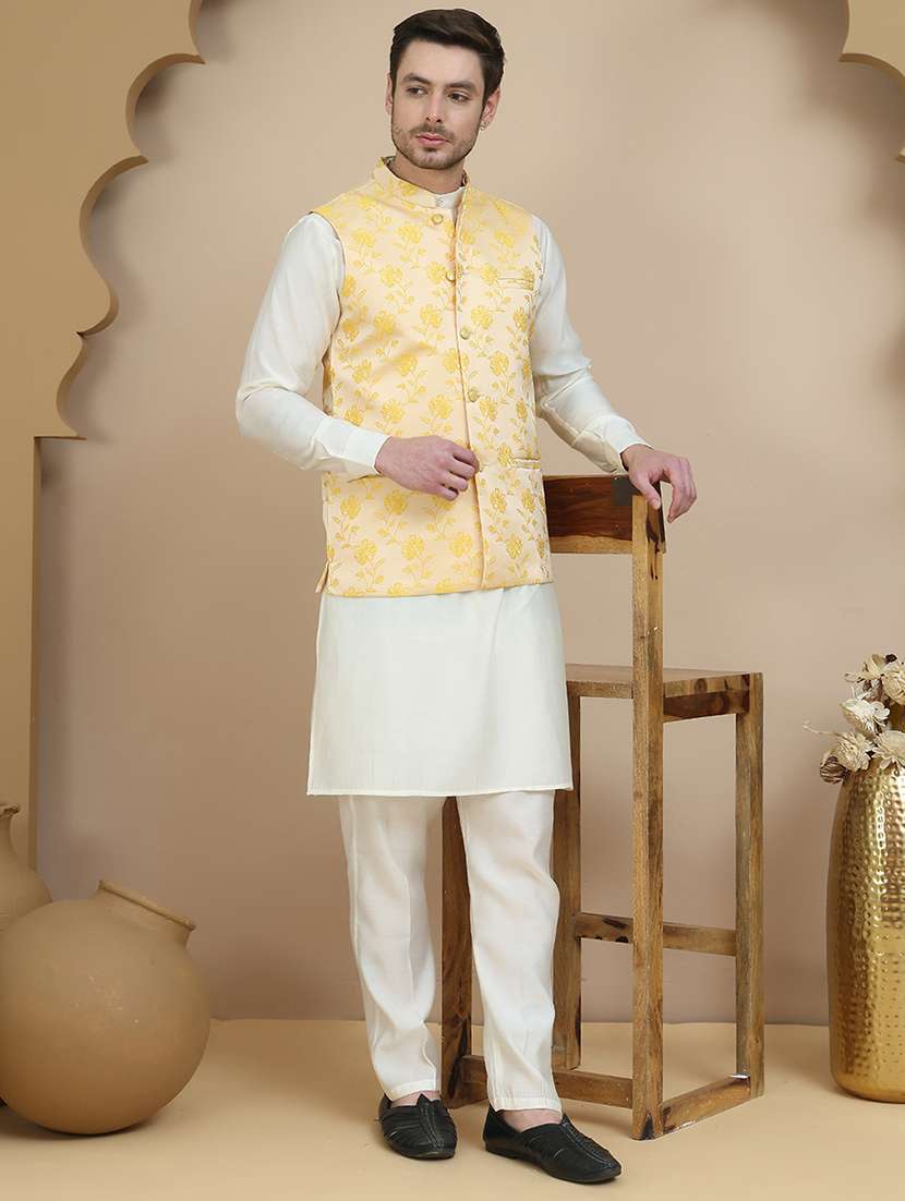 men mandarin neck kurta pyjama with jacket ethnic wear set