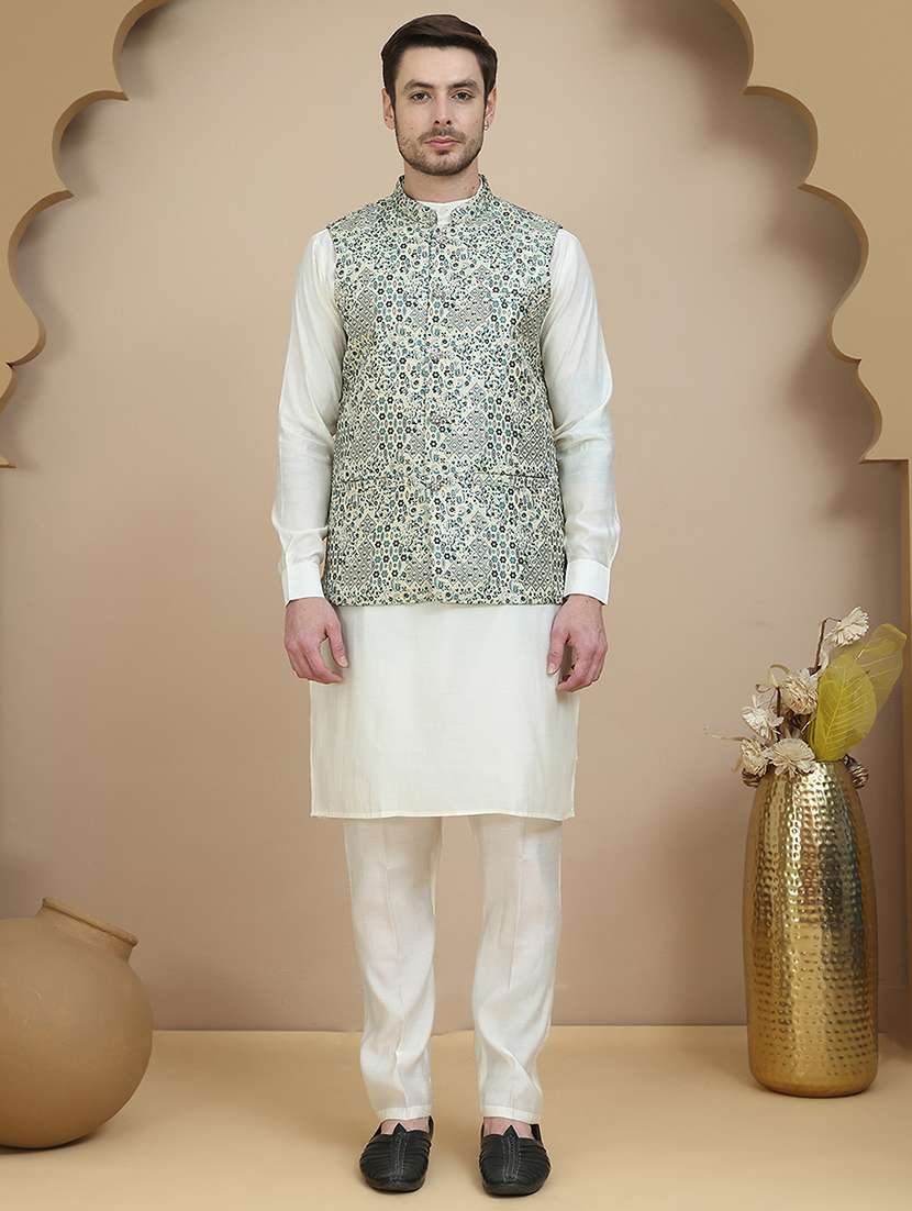 men mandarin neck kurta pyjama with jacket ethnic wear set