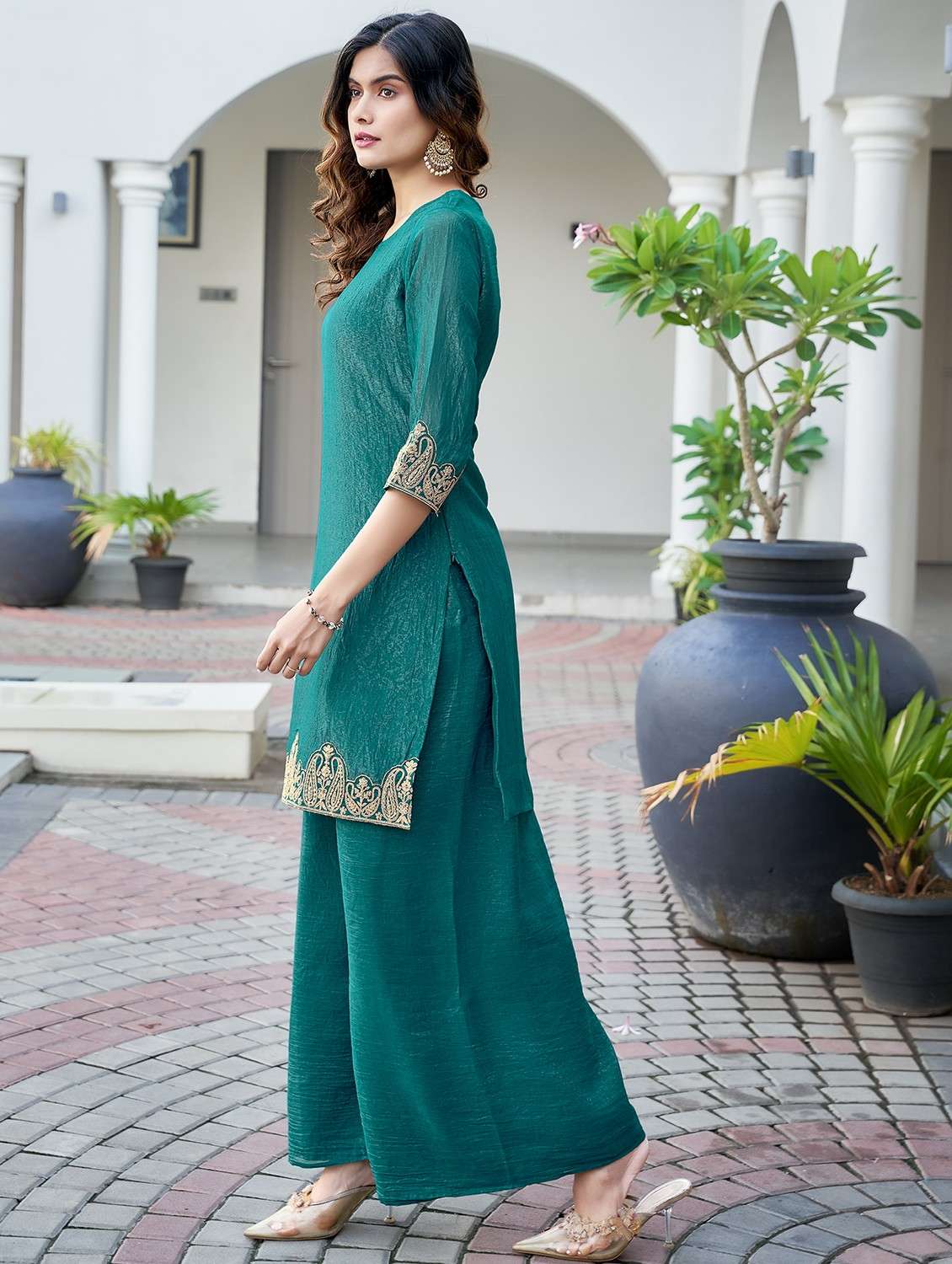 women embellisged kurta and palazzo set - 21940214 -  Standard Image - 3