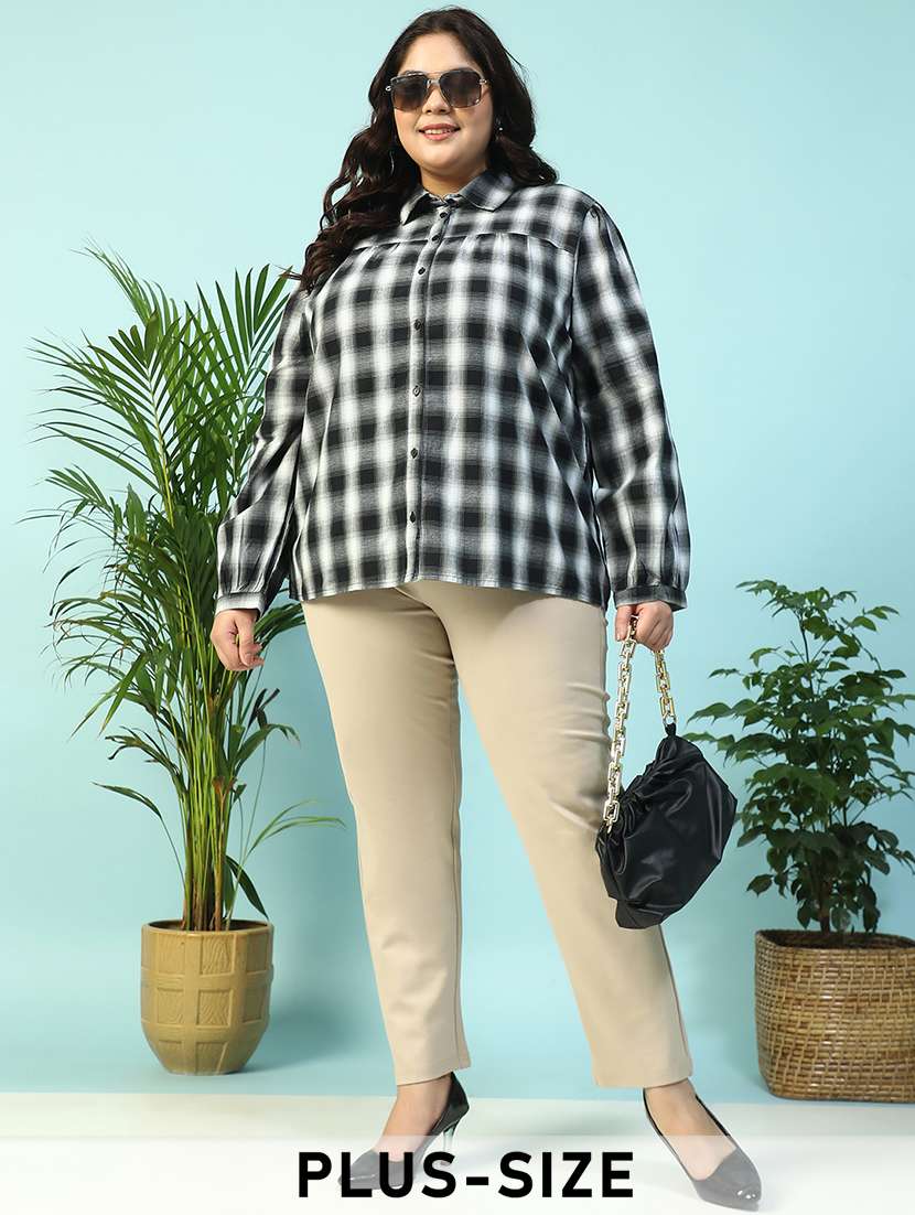 women plus size collared checkered long sleeve shirt - 21940235 - Zoom Image - 0