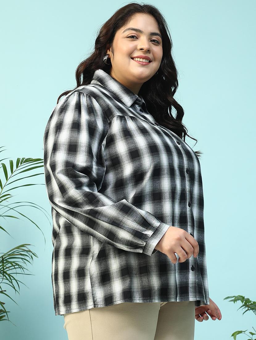 women plus size collared checkered long sleeve shirt - 21940235 - Standard Image - 3