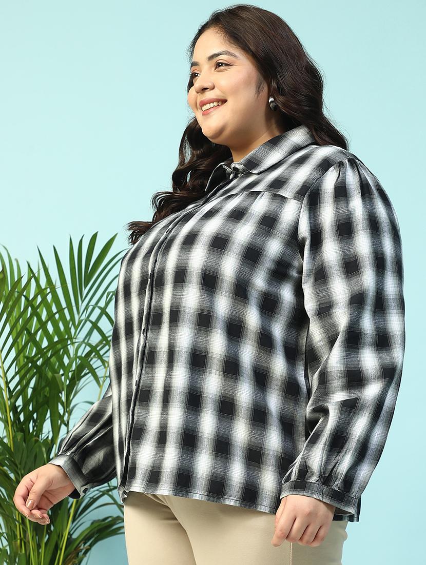 women plus size collared checkered long sleeve shirt - 21940235 - Standard Image - 5