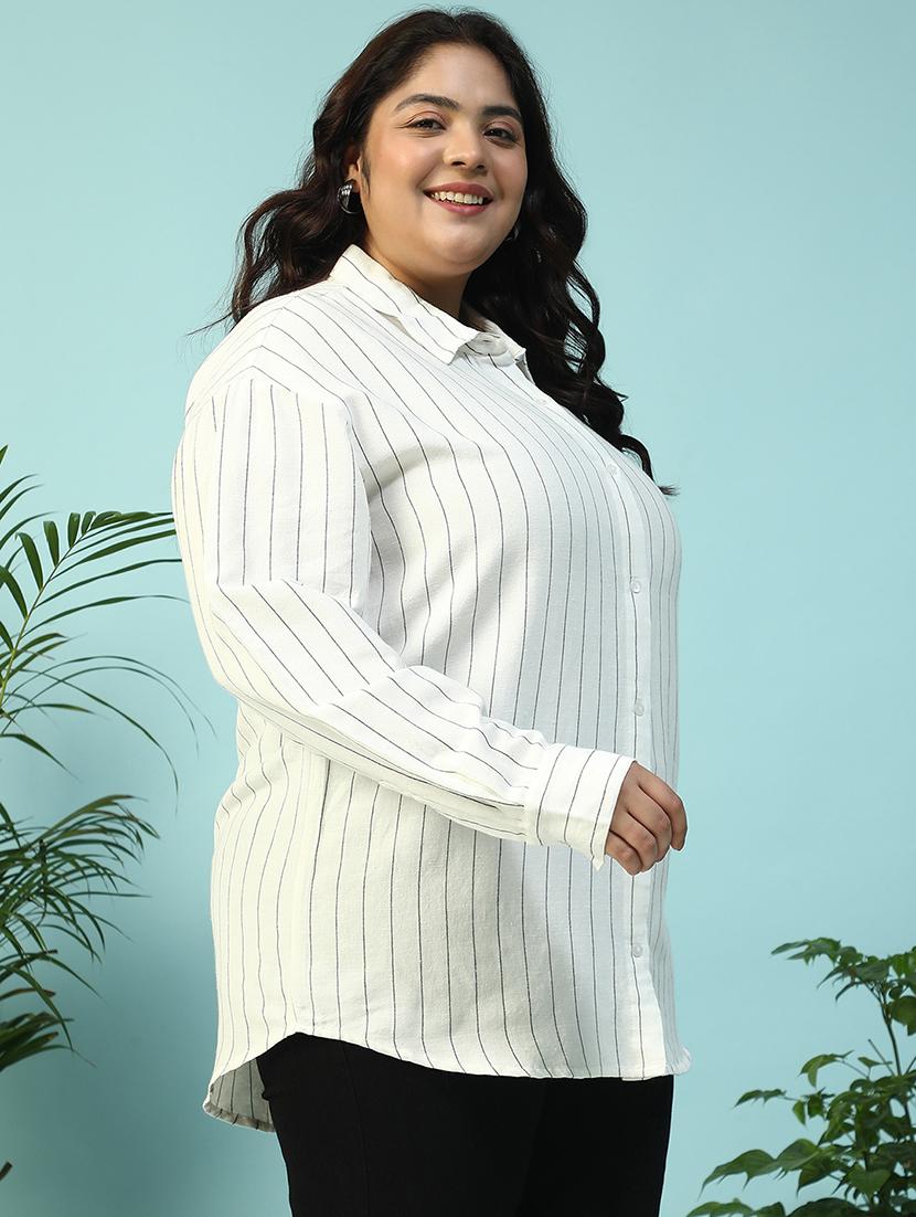 women plus size collared striped long sleeve shirt - 21940243 - Standard Image - 3