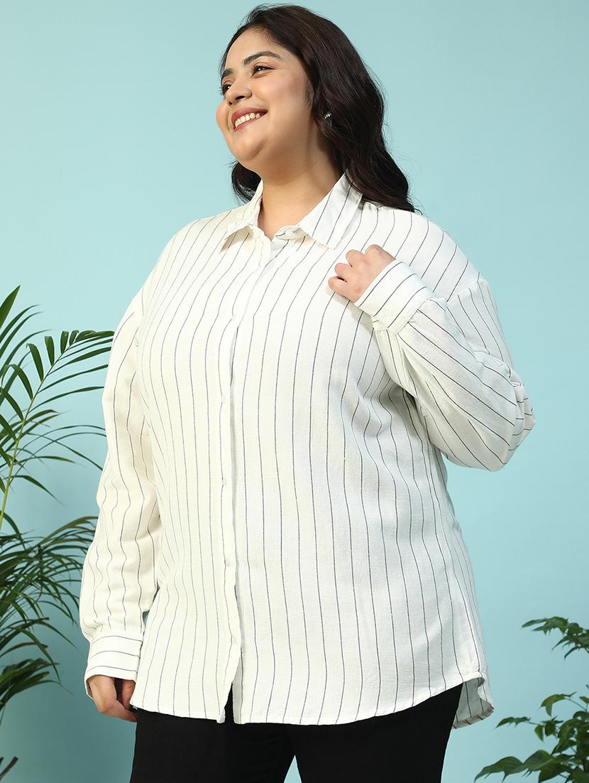 women plus size collared striped long sleeve shirt - 21940243 - Standard Image - 5