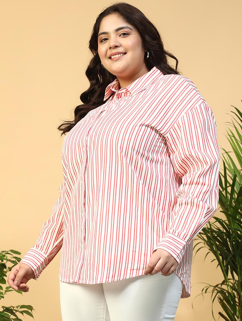 women plus size collared striped long sleeve shirt - 21940245 - Standard Image - 5