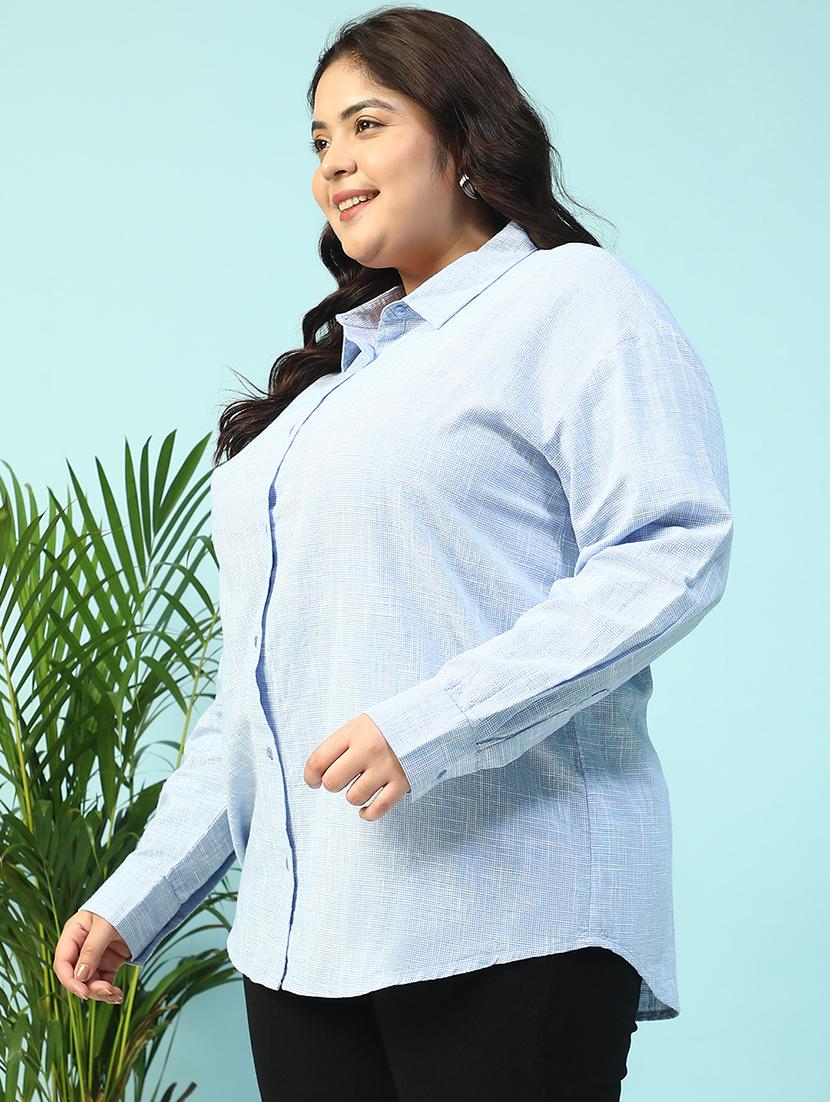 women plus size collared checkered long sleeve shirt - 21940246 - Standard Image - 5