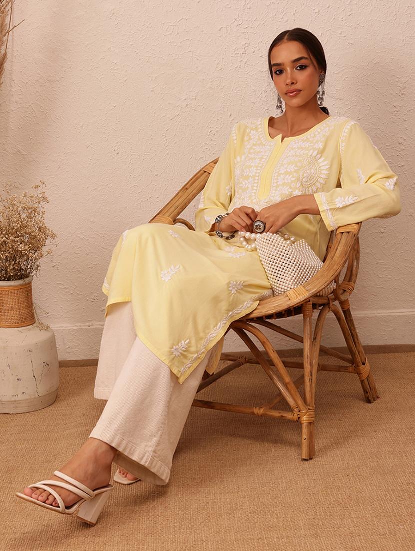 women chikankari long sleeve straight kurta - 21940268 - Zoom Image - 0