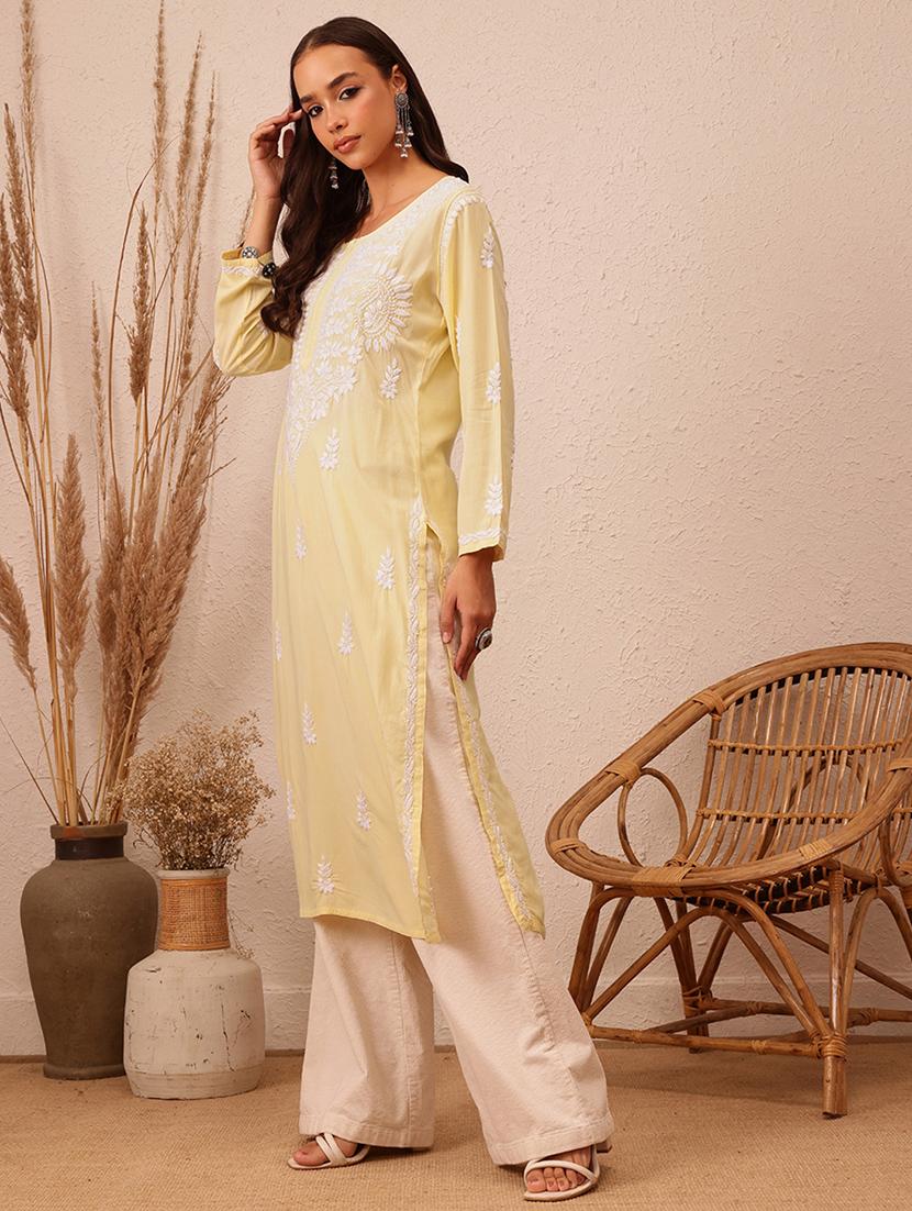 women chikankari long sleeve straight kurta - 21940268 - Standard Image - 3