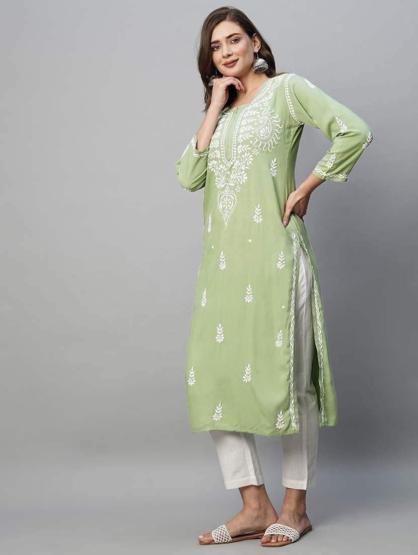 women chikankari long sleeve straight kurta - 21940269 -  Standard Image - 3
