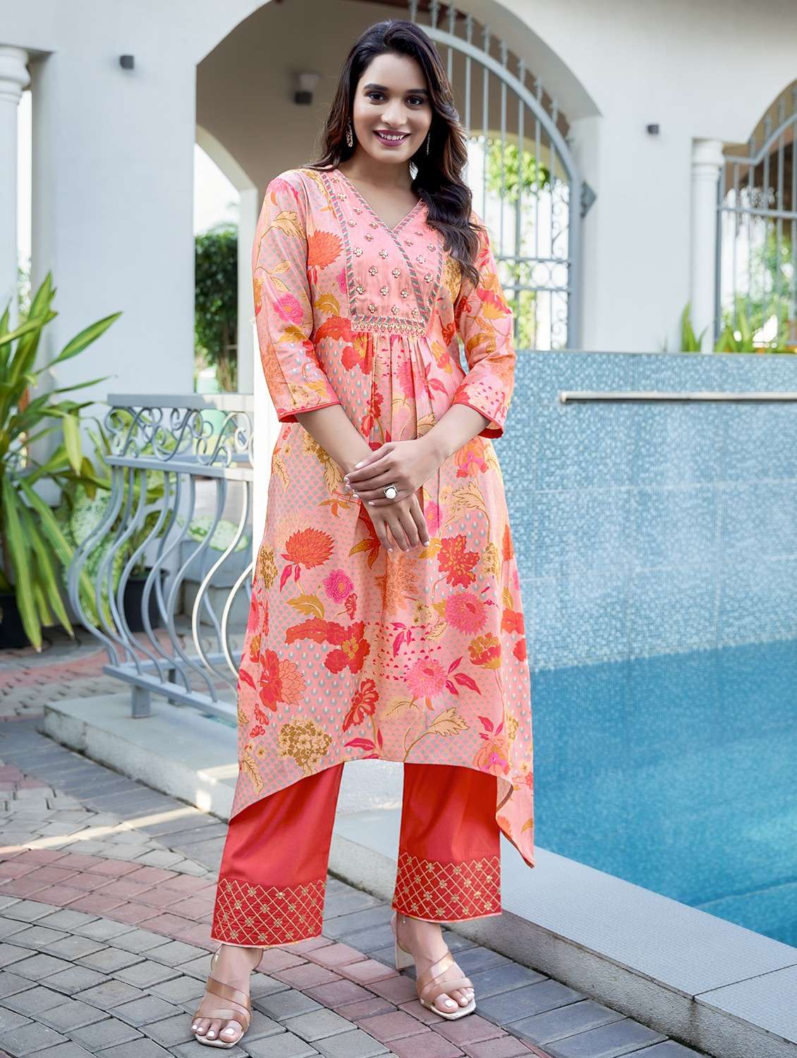 women three quarter sleeve kurta pant set
