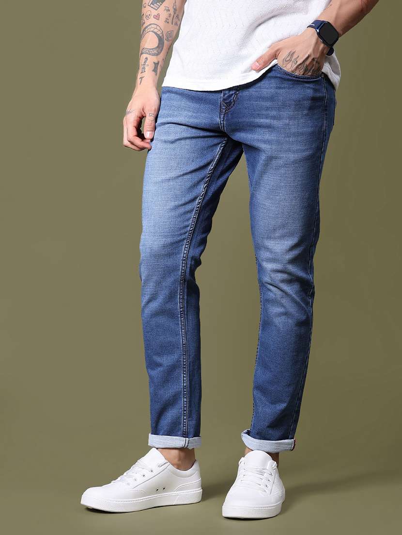 men washed mid rise full length jean