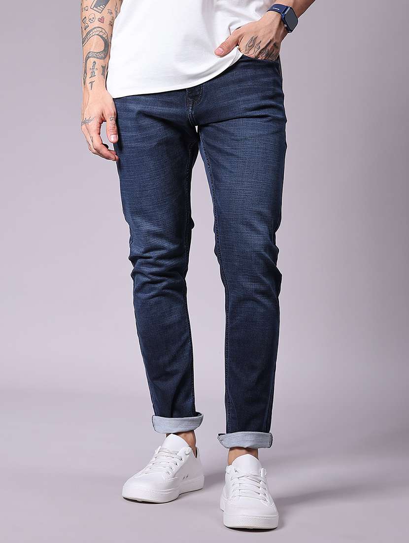 men washed mid rise full length jean