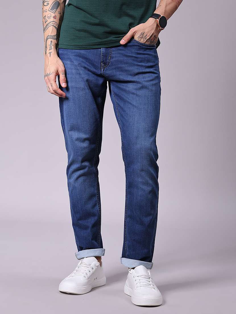 men washed mid rise full length jean