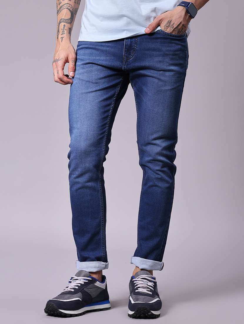 men washed mid rise full length jean