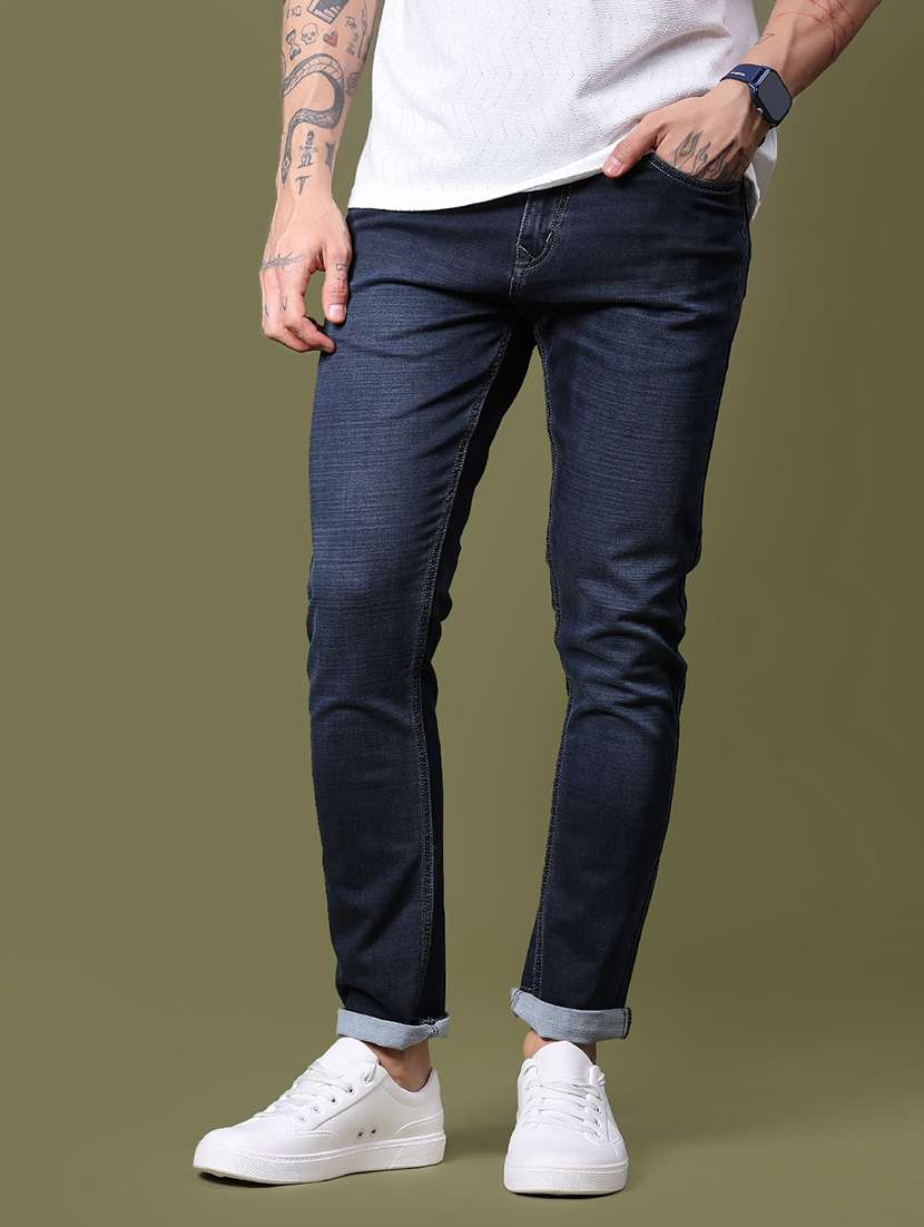 men washed mid rise full length jean