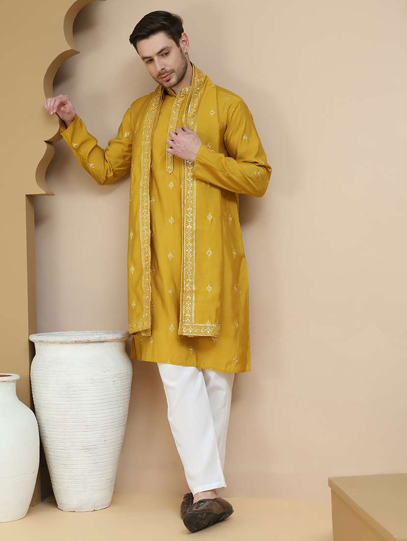 men mandarin neck kurta pyjama ethnic wear set