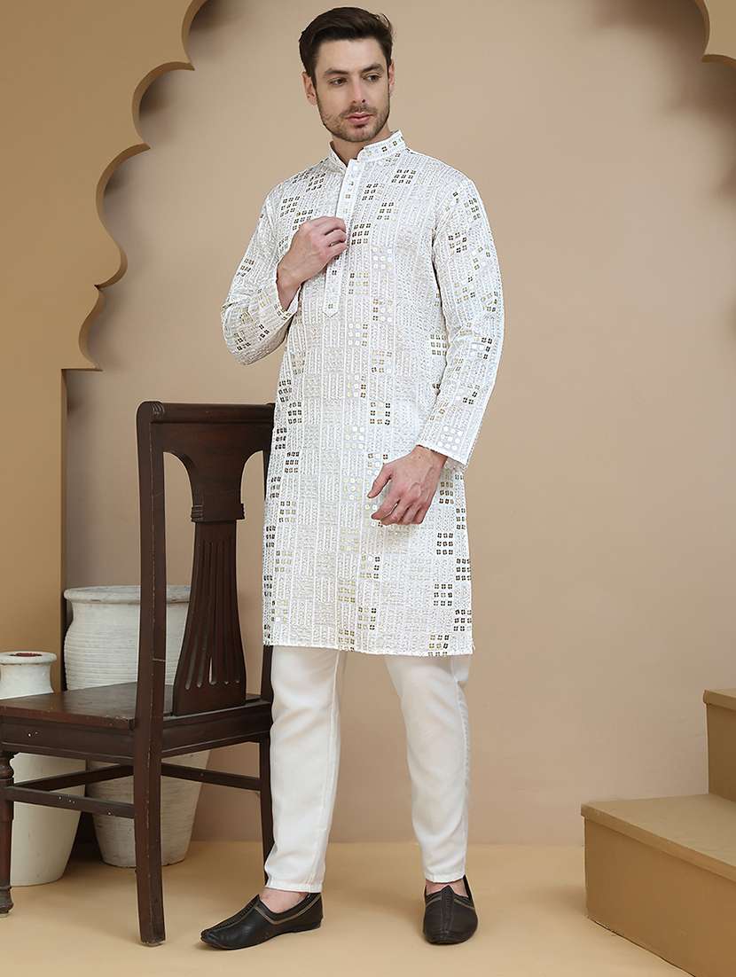 men mandarin neck kurta pyjama ethnic wear set