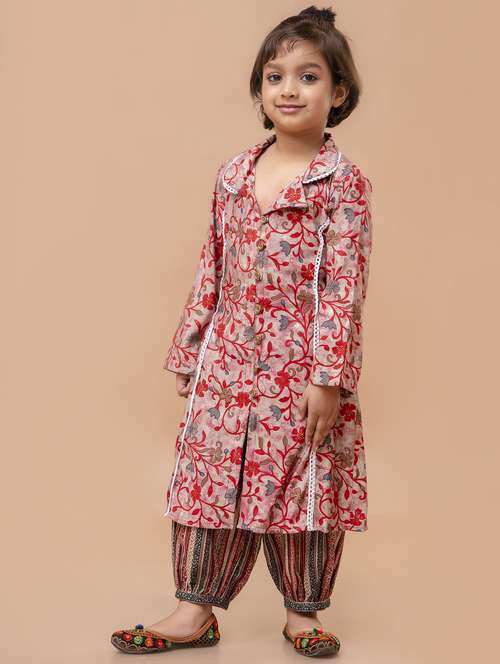 girls floral printed long sleeve kurta salwar set - 21940996 - Standard Image - 0