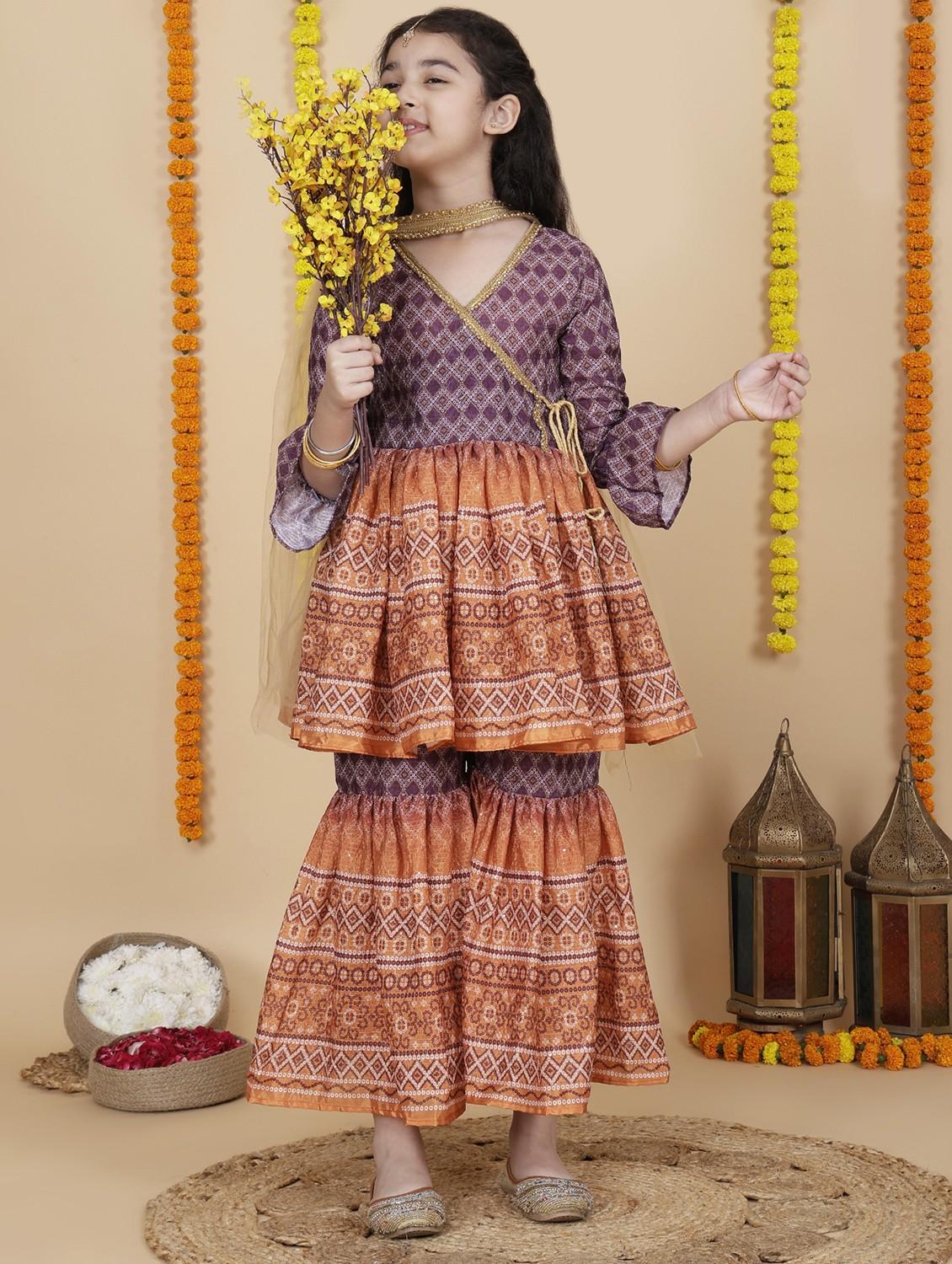 women purple printed kurta sharara with dupatta set