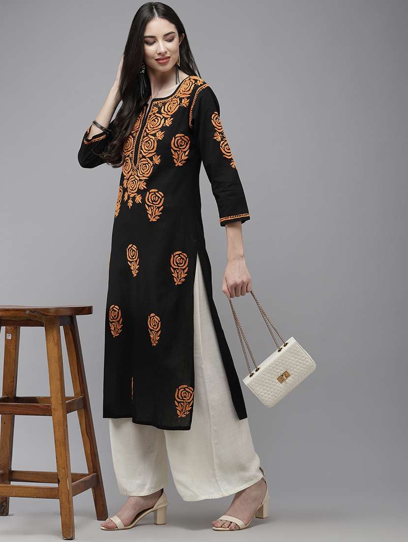 women chikankari three quarter sleeve straight kurta