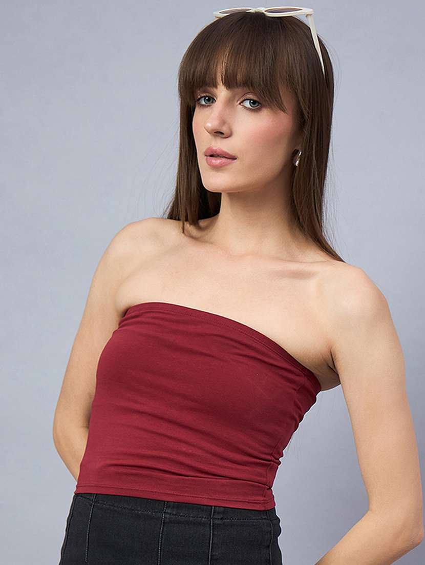 women marron solid crop tube top - 21941087 - Zoom Image - 0