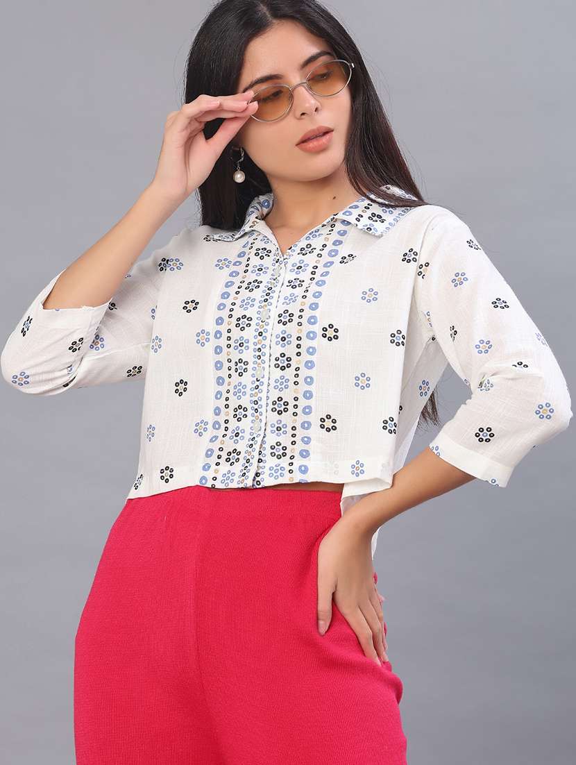 women printed collared crop shirt