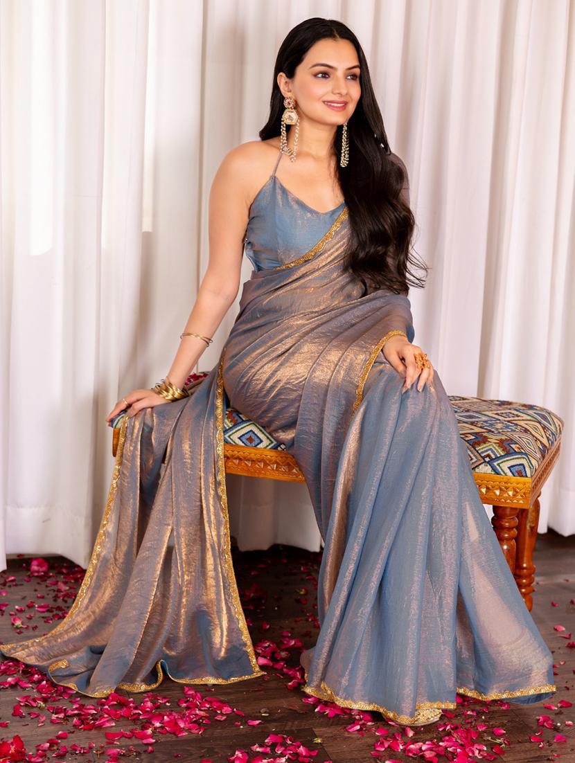 women solid with bordered embellished saree with blouse - 21941337 - Zoom Image - 0