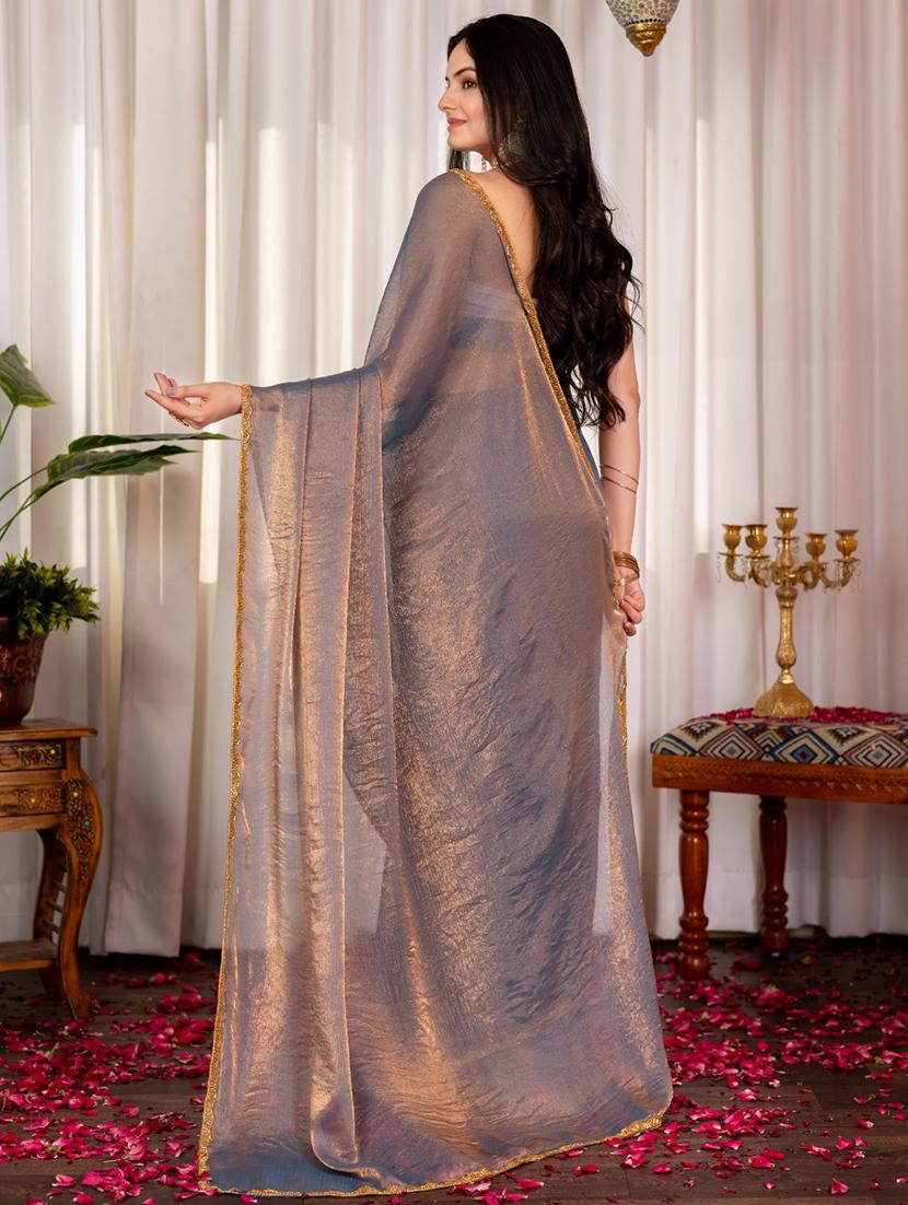 women solid with bordered embellished saree with blouse - 21941337 - Standard Image - 3