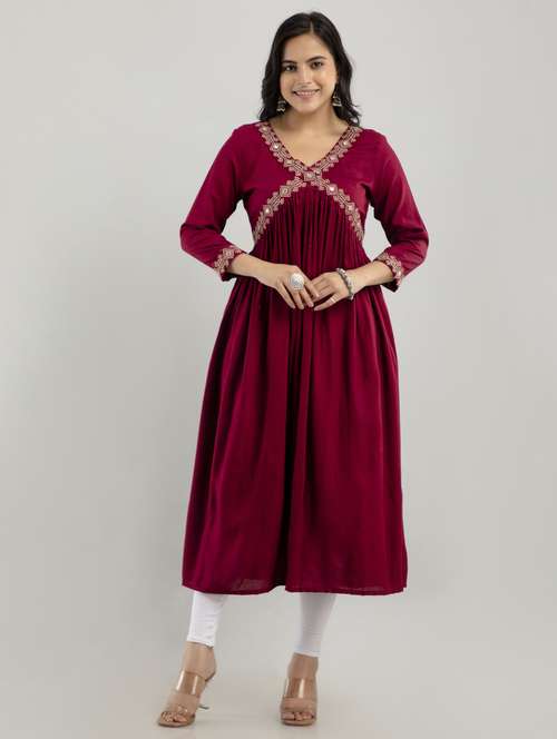 women embroidered three quarter sleeve a-line kurta - 21941362 - Standard Image - 0