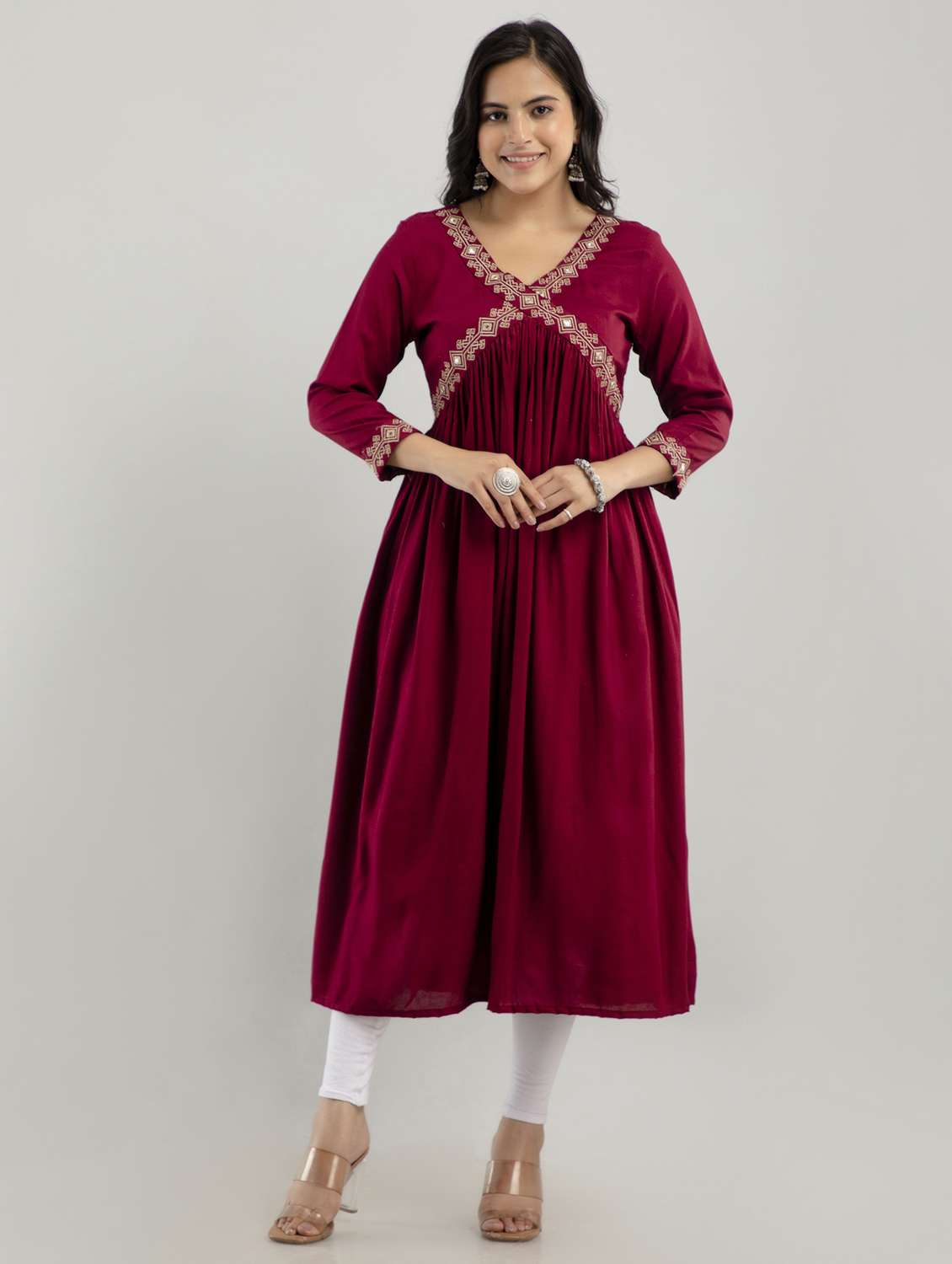 women embroidered three quarter sleeve a-line kurta
