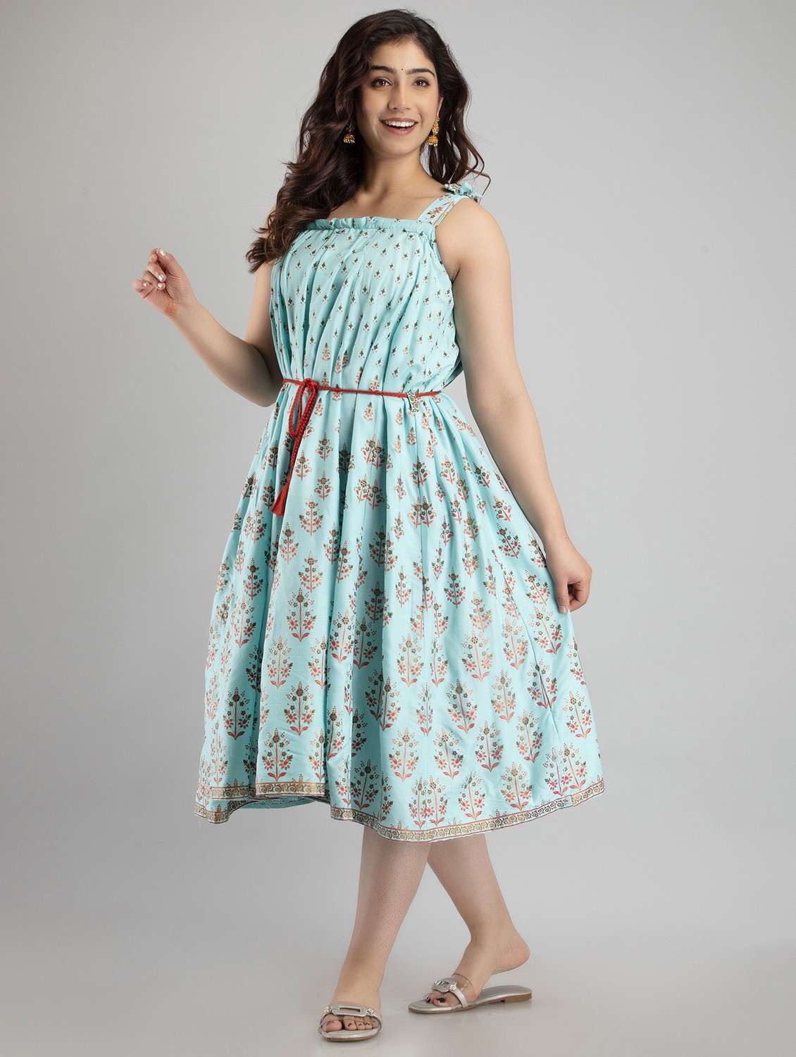 women light blue sleeveless flared ethnic dress