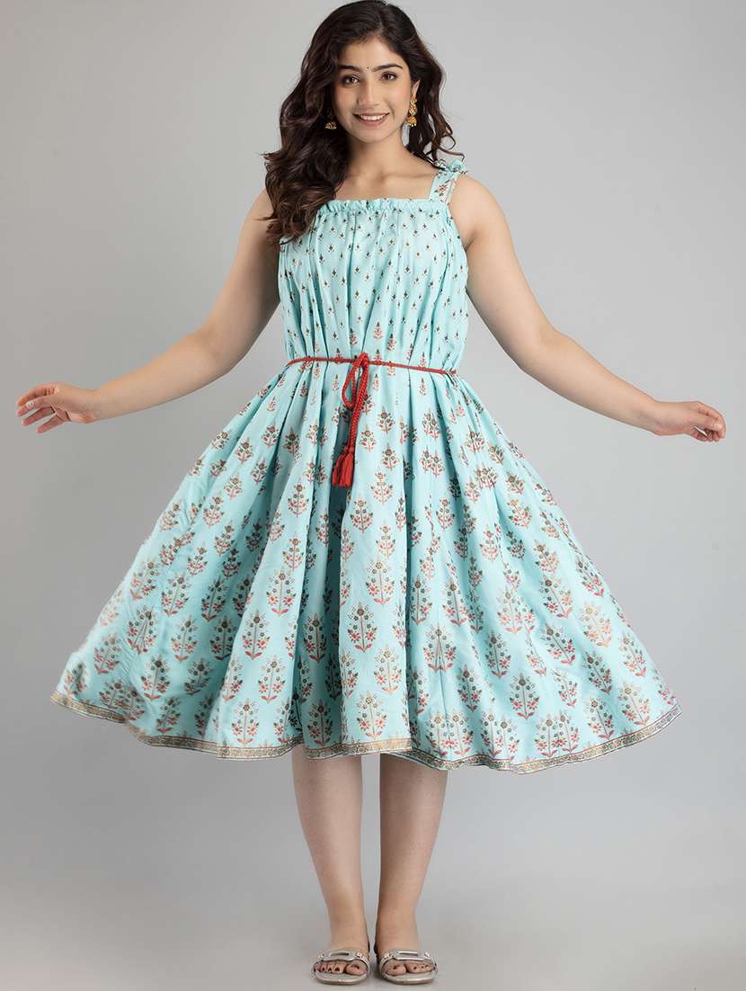women light blue sleeveless flared ethnic dress - 21941365 - Standard Image - 3