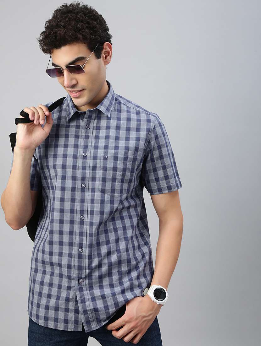 men checkered short sleeve regular fit casual shirt