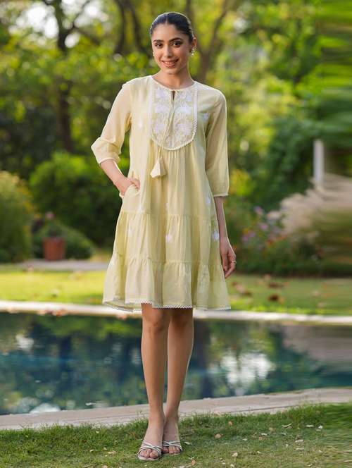 women three quarter sleeve tiered ethnic dress - 21941515 - Standard Image - 0