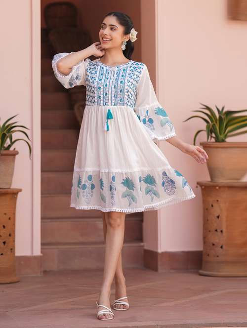 women three quarter sleeve tiered ethnic dress - 21941521 -  Standard Image - 0