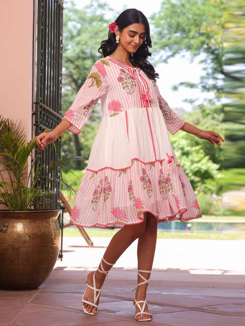 women three quarter sleeve tiered ethnic dress - 21941523 - Standard Image - 3