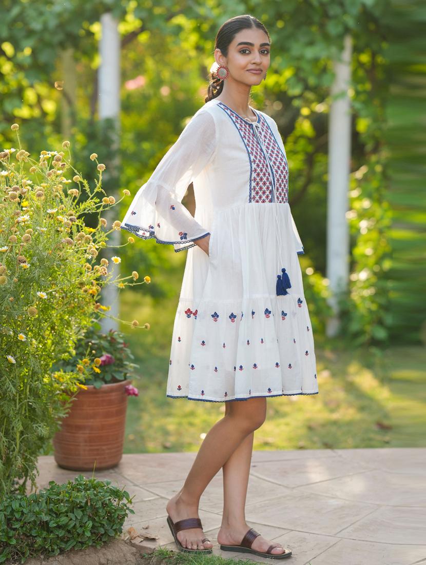 women three quarter sleeve tiered ethnic dress - 21941526 -  Zoom Image - 0