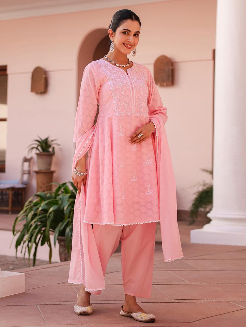 women three quarter sleeve anarkali kurta pant with dupatta set - 21941528 - Standard Image - 3