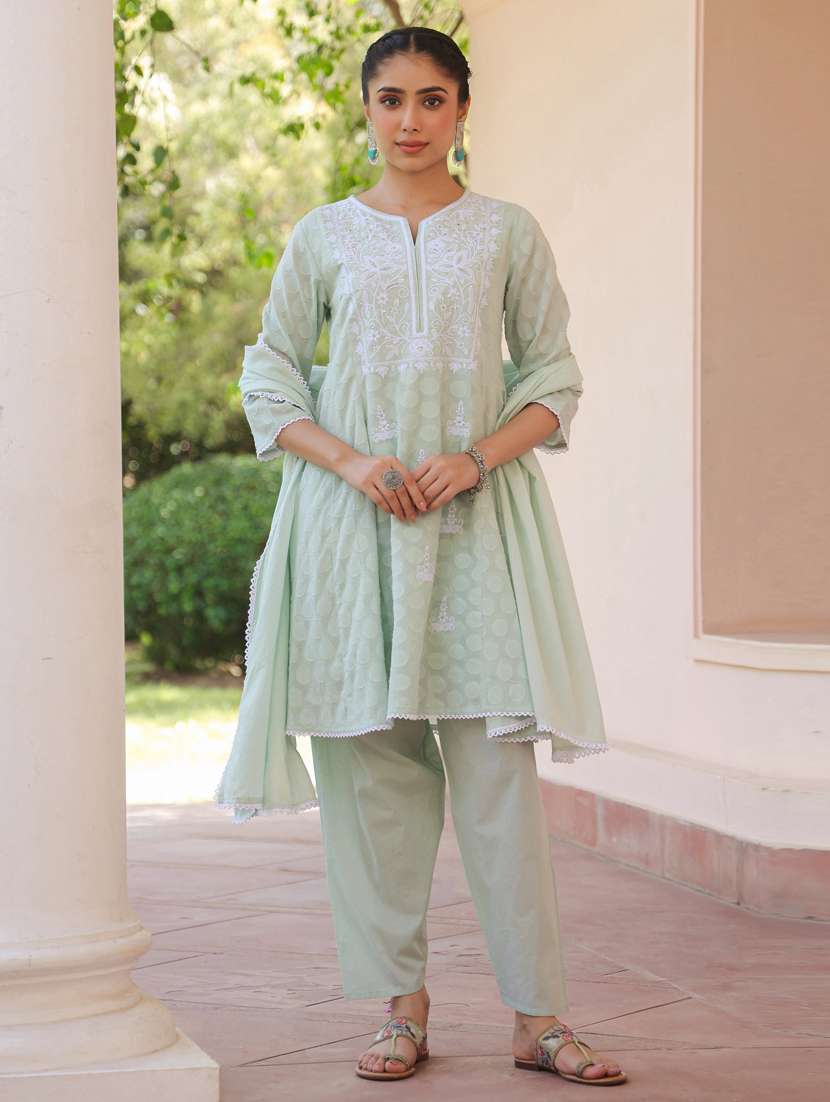 women three quarter sleeve anarkali kurta pant with dupatta set