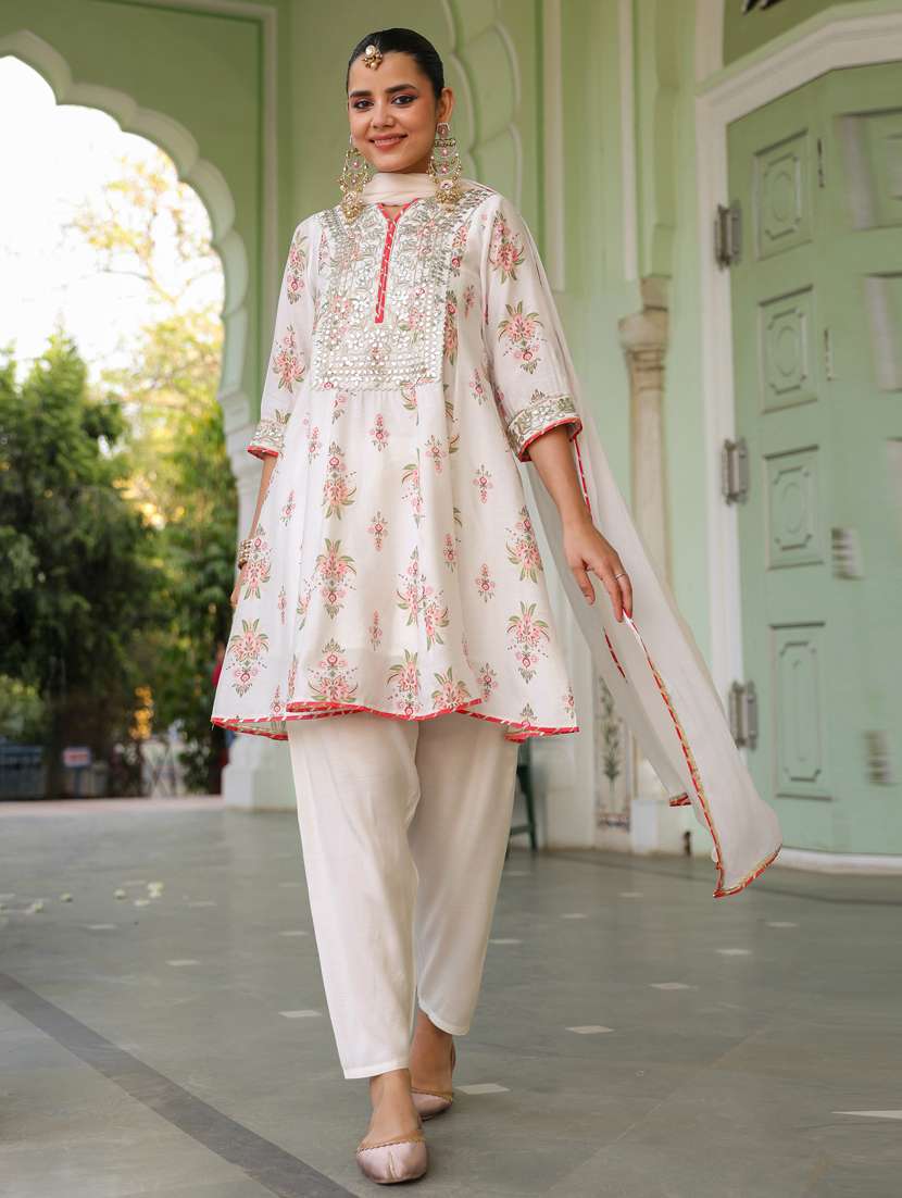 women three quarter sleeve anarkali kurta pant with dupatta set